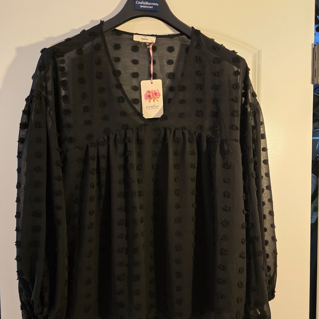 Entro Black Swiss Dot V-Neck Long Sleeve Babydoll Blouse Top Medium New With Tag